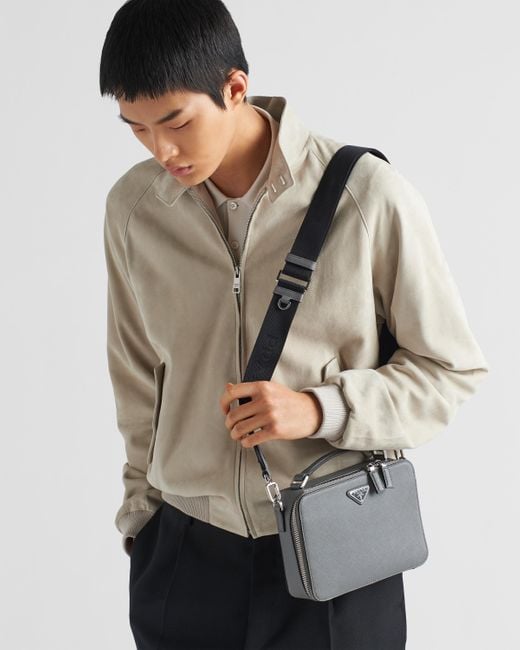 Prada Gray Medium Brique Saffiano Leather Bag for men