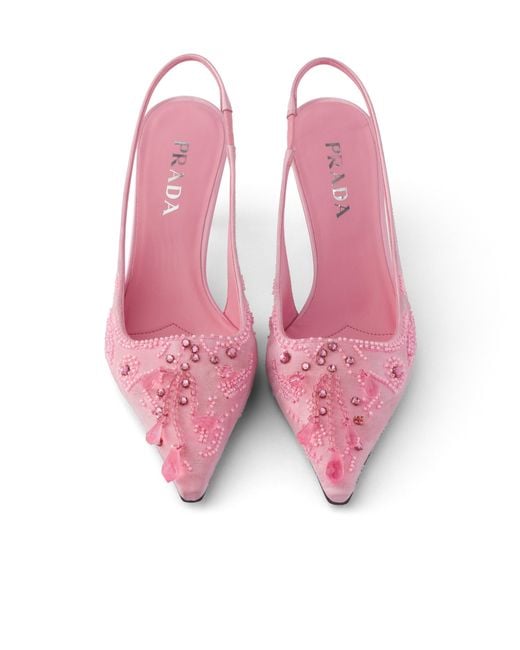 Prada Pink Embroidered Satin Slingback Pumps