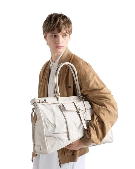 Prada White Bonnie Printed Linen And Leather Tote Bag for men
