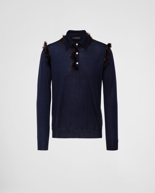 Prada Blue Cashmere Knit Polo Sweater With Shearling Details for men