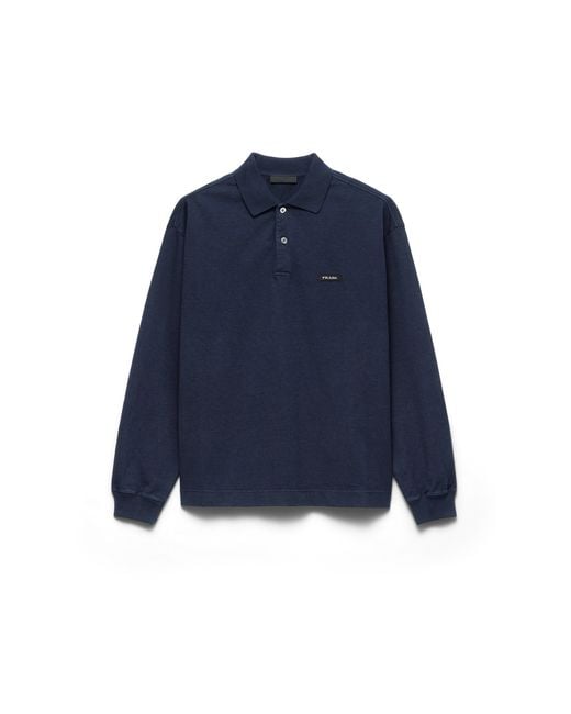 Prada Blue Long-Sleeved Cotton Polo Shirt for men