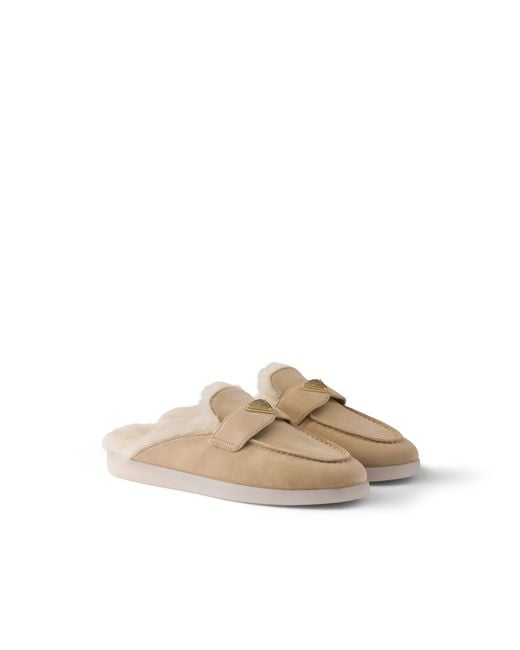 Prada White Suede And Shearling Mules