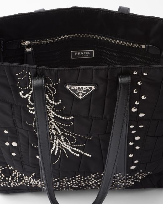 Prada Black Medium Re-Nylon Patchwork Tote Bag With Embroidery