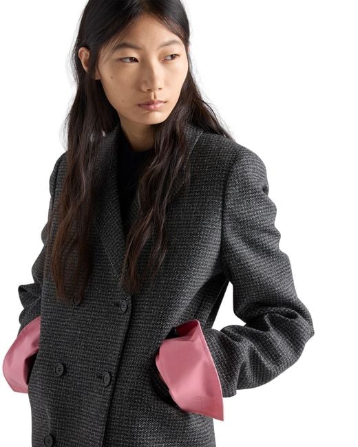 Prada Blue Double-Breasted Gingham-Checked Mouliné Wool Coat