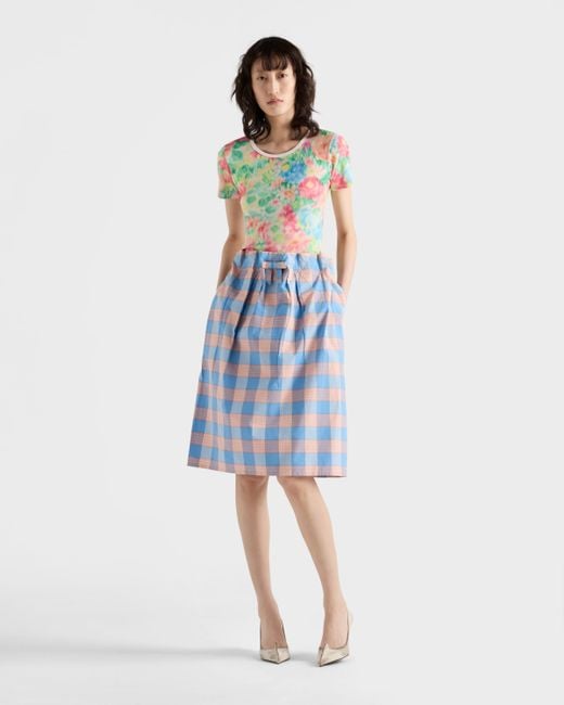 Prada White Geripptes T-Shirt Mit Blumen-Print