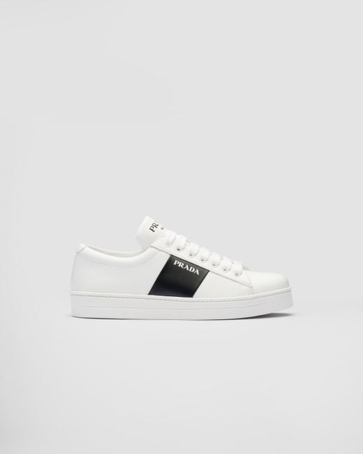 Prada Leather Laced Sneakers With Logo in White Lyst