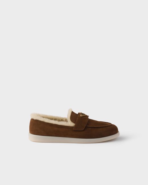 Prada Brown Shearling-Loafer Mit Logo