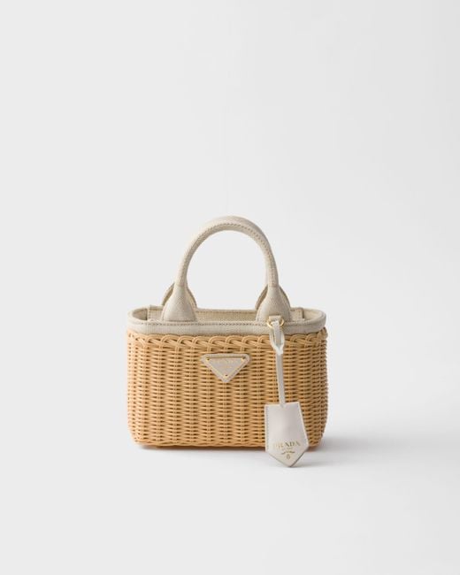 Prada White Mini Wicker And Linen Blend Tote Bag