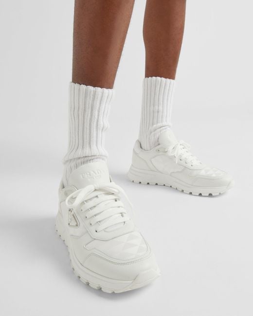 Prada High-Top-Sneaker Aus Leder Und Re-Nylon in White für Herren
