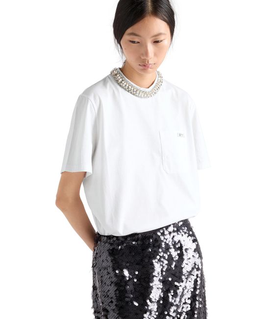 Prada White Embroidered Jersey T-Shirt