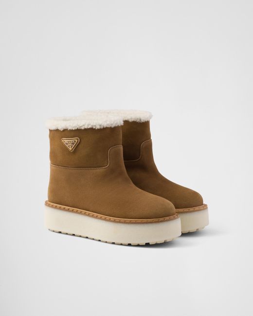 Bottines En Daim Et Shearling Prada en coloris Brown