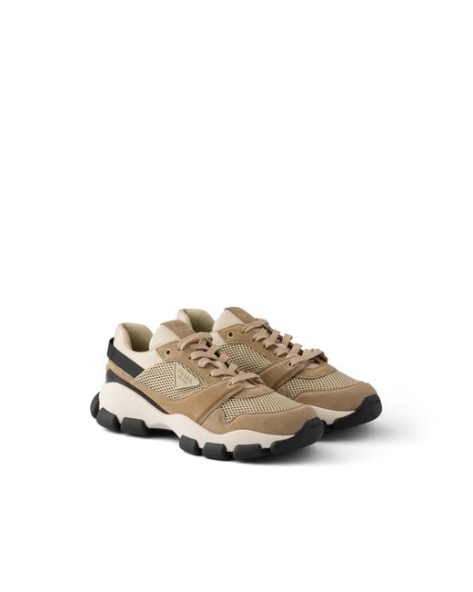 Prada Metallic Mesh Fabric And Suede Sneakers