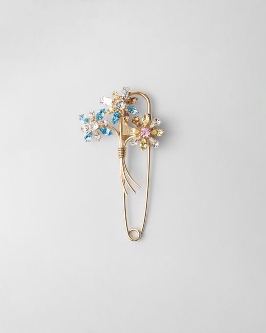 Prada White Metal Brooch With Crystals