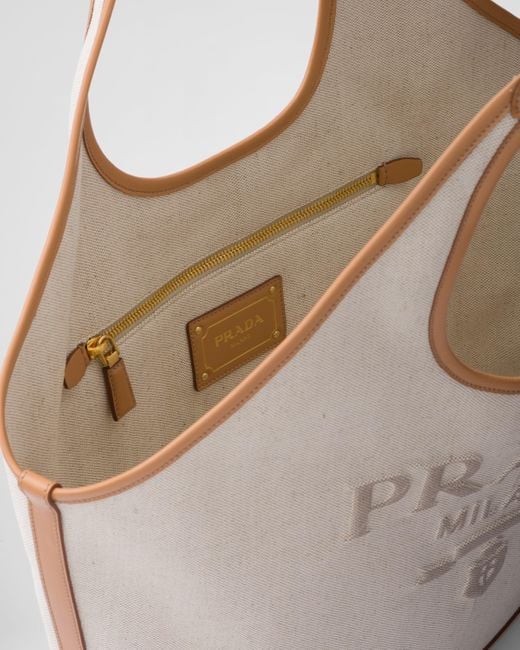 Prada Natural Large Linen Blend And Leather Tote Bag