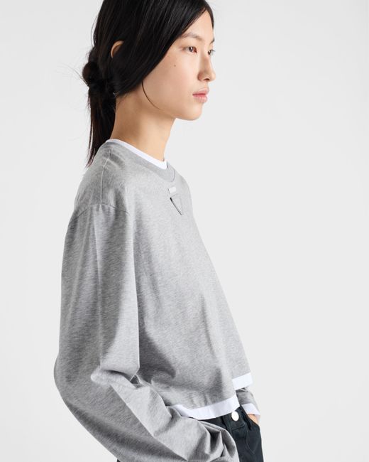 Prada Gray Langarm-T-Shirt Aus Baumwoll-Jersey
