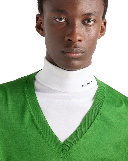 Prada Green Cotton V-Neck Sweater for men