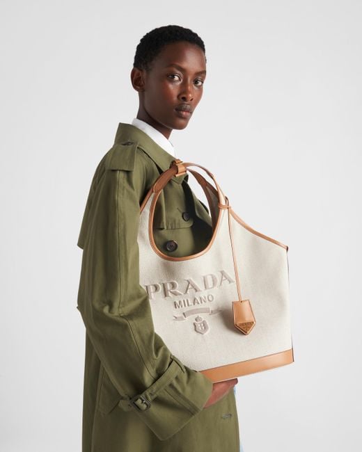 Prada Natural Large Linen Blend And Leather Tote Bag