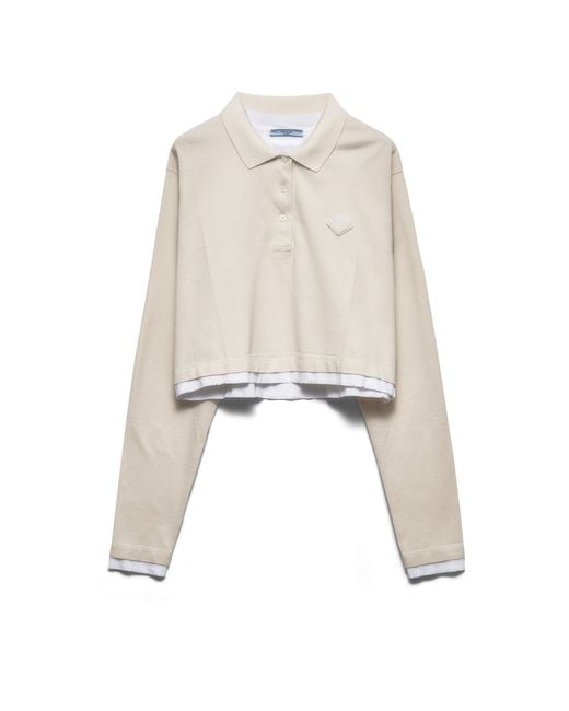 Prada White Long-Sleeved Piqué And Jersey Polo Shirt, Chalk