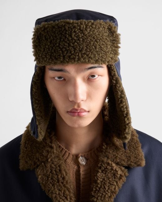 Prada Black Poplin Trapper Hat With Fleece Lining for men