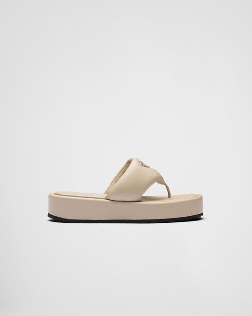 Prada White Soft Padded Nappa Leather Thong Wedge Sandals