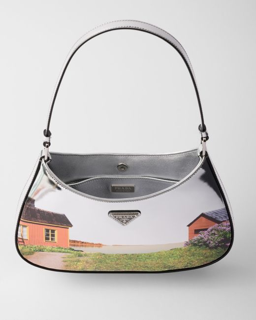 Prada White Cleo Printed Brushed Leather Shoulder Bag