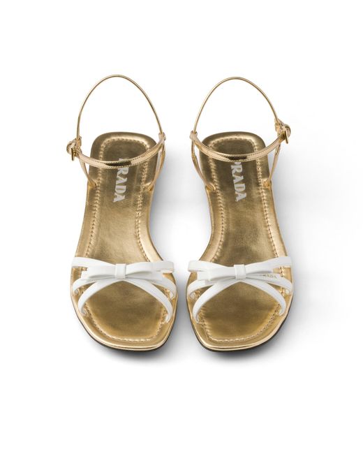 Prada White Flat Patent And Metallic Leather Sandals