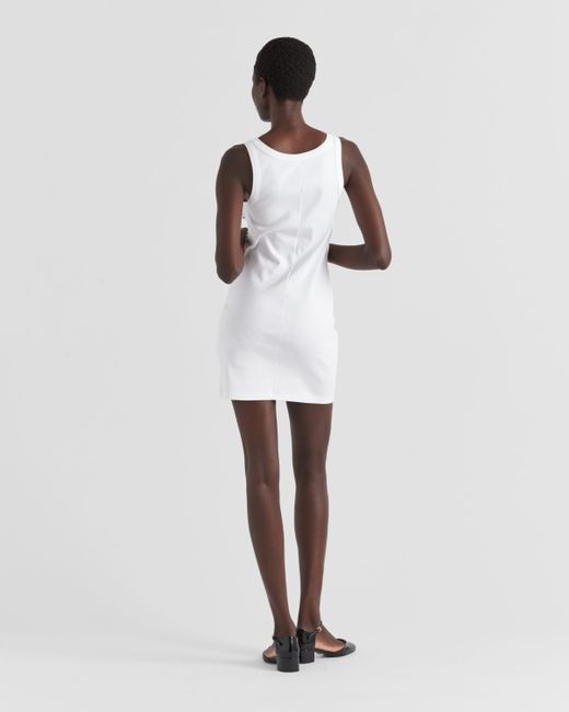 Prada White Embroidered Ribbed Jersey Dress