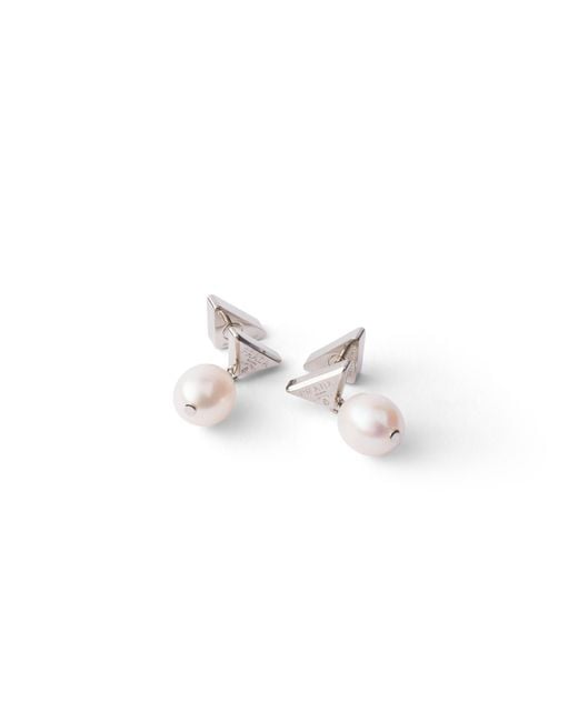 Prada White Metal Earrings With Pearls