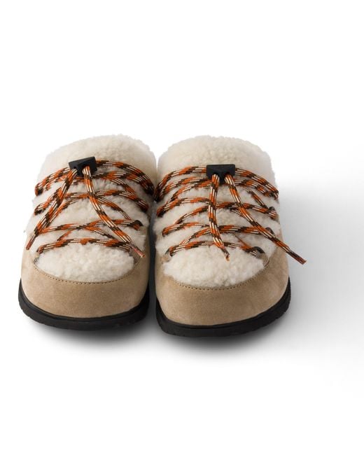Prada Brown Suede And Shearling Mules