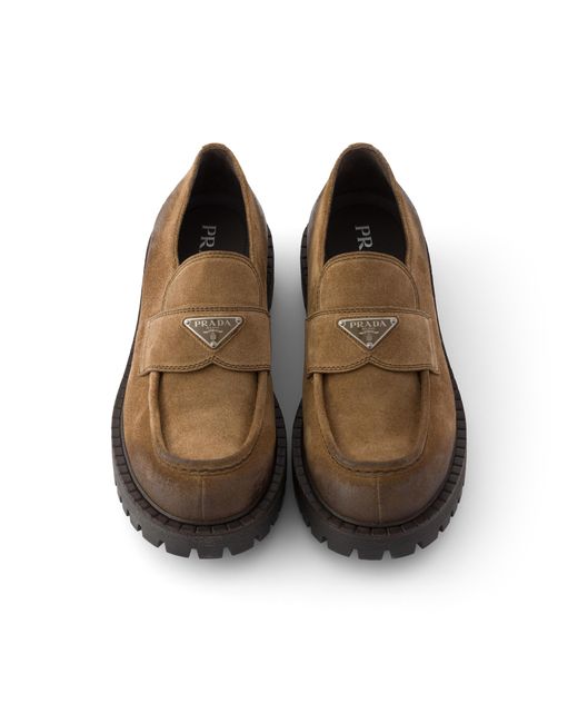 Prada Brown Aged Suede Loafers, Size 5 for men