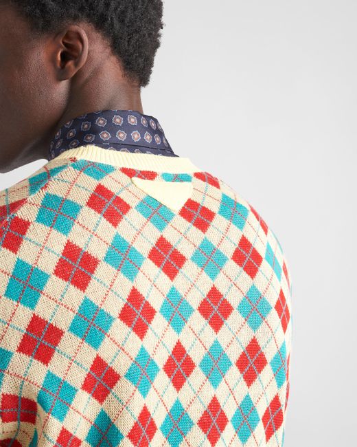 Prada Multicolor Cotton Crew-Neck Sweater With Diamond Motif for men