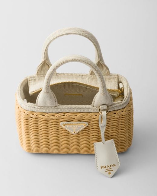 Prada Metallic Mini Wicker And Linen Blend Tote Bag