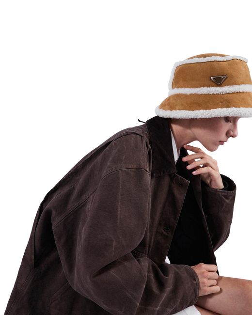 Prada Natural Suede Shearling Bucket Hat