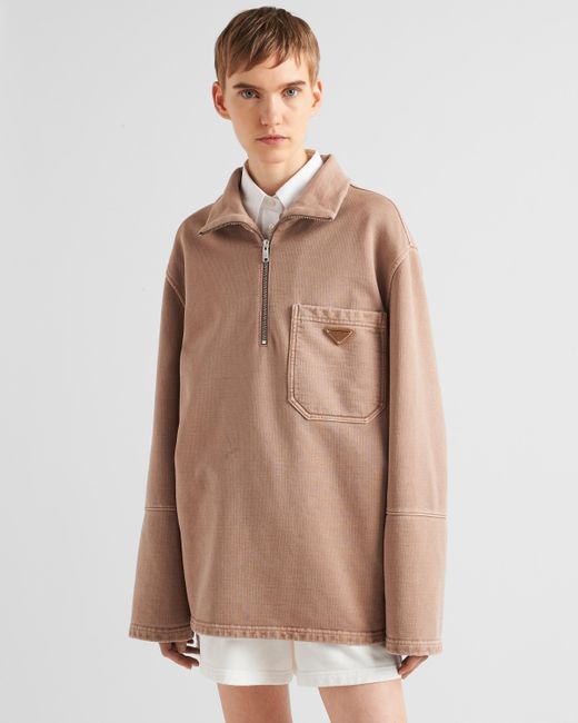 Prada Natural Turtleneck Cotton Fleece Blouson Jacket