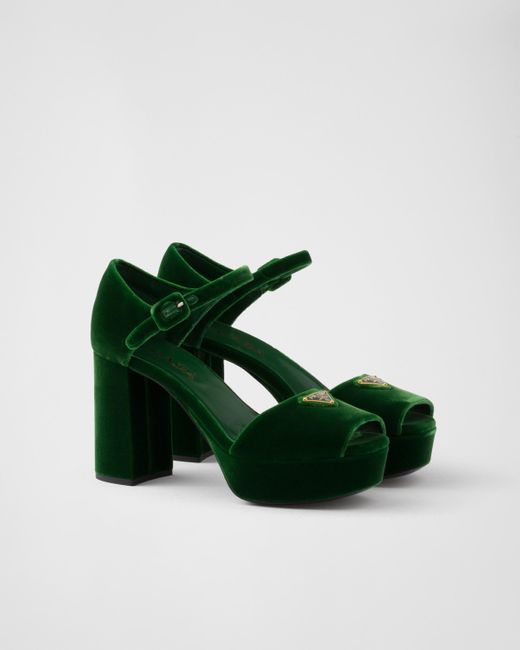Prada Velvet Platform Sandals in Green | Lyst