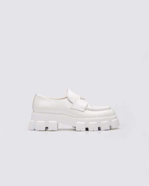 Prada Monolith Brushed Leather Loafers in White for Men | Lyst
