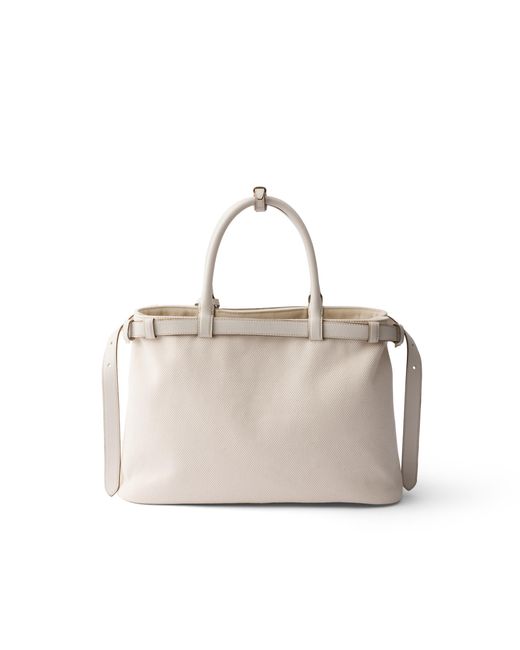 Prada Natural Buckle Medium Cotton Canvas And Leather Bag