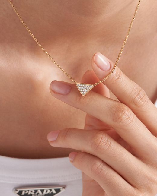 Prada White Eternal Gold Micro Triangle Pendant Necklace In Yellow Gold And Diamonds