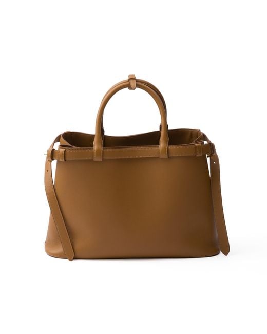 Prada Brown Buckle Medium Leather Handbag With Double Belt