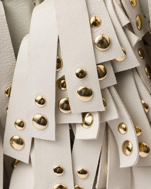 Prada White Galleria Medium Nappa Leather Bag With Fringe And Studs