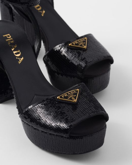 Sandales À Plateforme En Satin À Sequins Prada en coloris Black