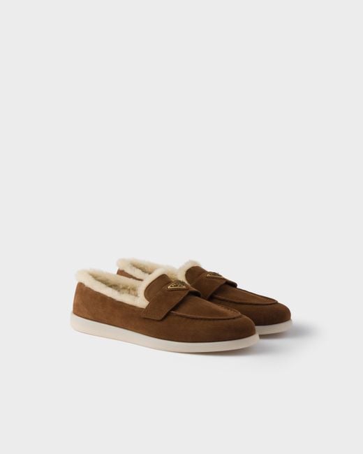 Prada Brown Shearling-Loafer Mit Logo
