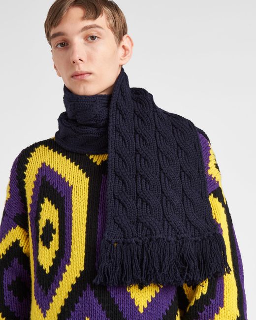 Prada Blue Cable-Knit Wool Scarf for men