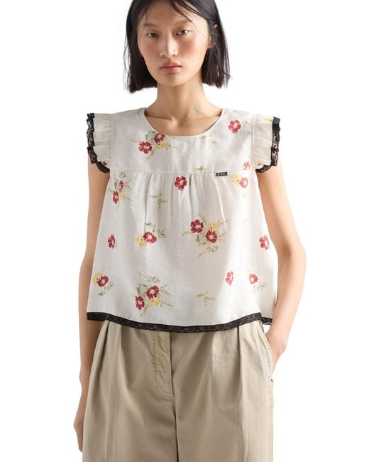 Prada White Linen Top With Floral Motif