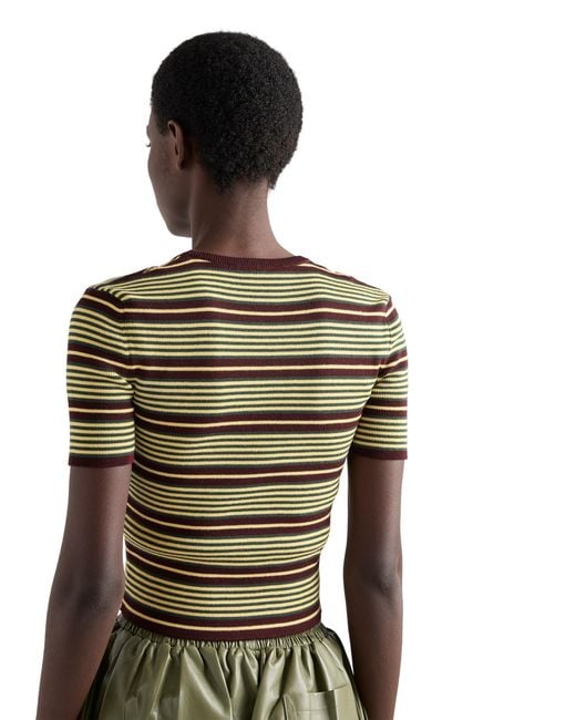 Prada Multicolor Short-Sleeved Striped Cotton Sweater, Amaranth/Cream