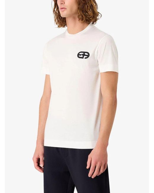 T-Shirt Bianca Con Logo Ricamato E Collo A Giro di Emporio Armani in White da Uomo