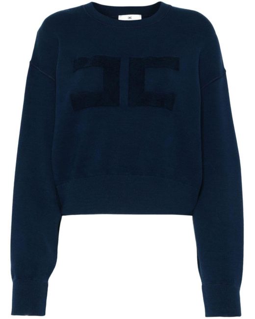 Felpa Cropped Blu Logo Monogram Ricamo di Elisabetta Franchi in Blue