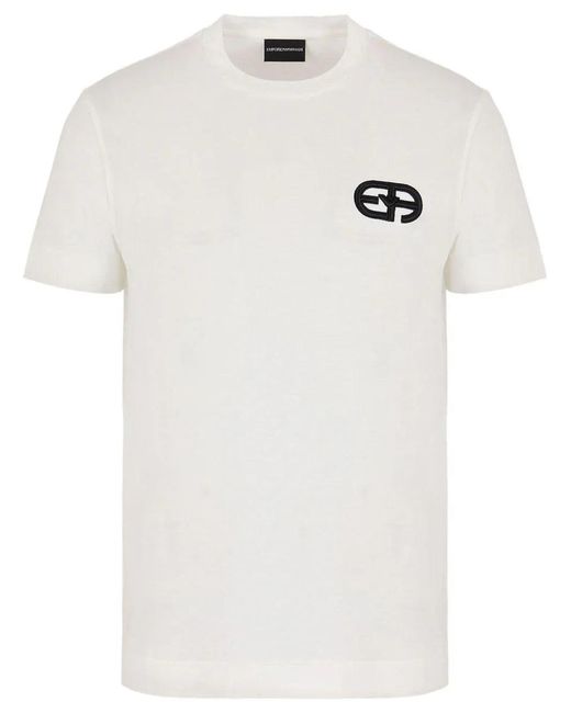 T-Shirt Bianca Con Logo Ricamato E Collo A Giro di Emporio Armani in White da Uomo