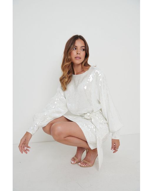 Pretty Lavish Addison Sequin Tie Belt Dress in White Lyst