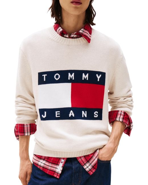 Pull chiné à badge drapeau Tommy Hilfiger pour homme en coloris White